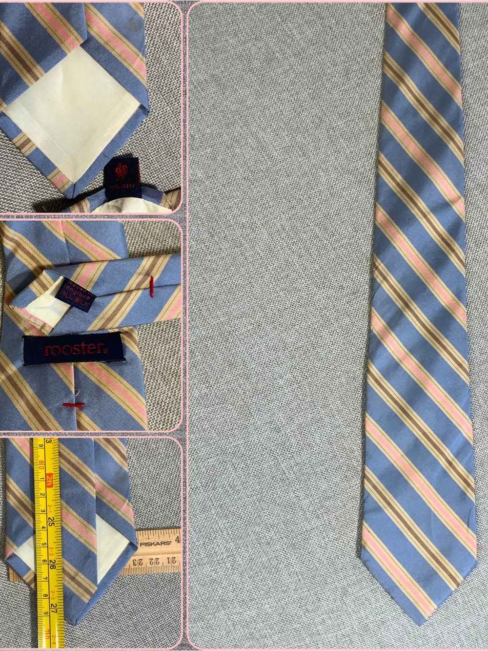 Vintage Rooster England Silk Regimental Stripe Tie Blue Pink